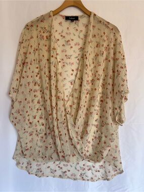 Aakaa Cream Floral Wrap-Style Blouse with Pink & Orange Blossoms